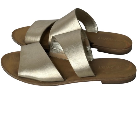 Nine West Slip On Pebbled Leather Open Toe Strappy Slides Sandals Gold - Picture 1 of 5